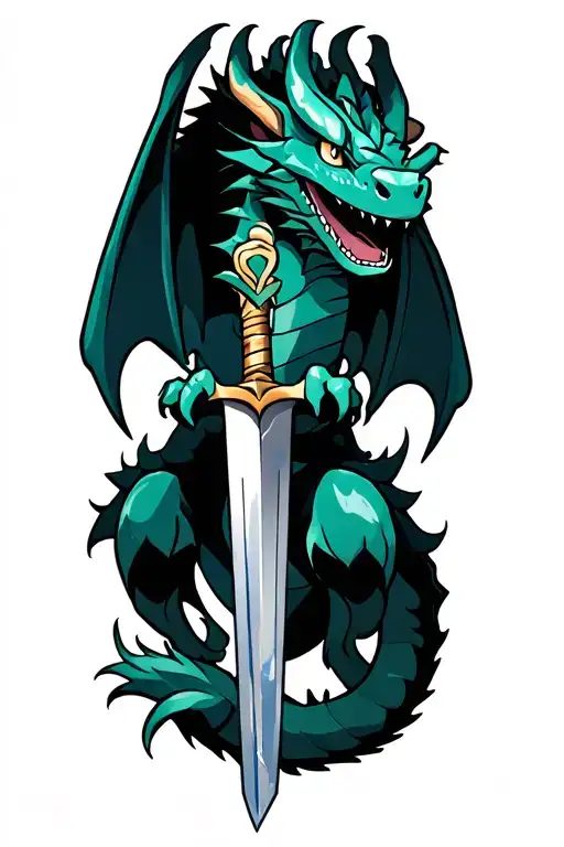 Dragon Holding Huge Sword Piercing The Tail Wrapped