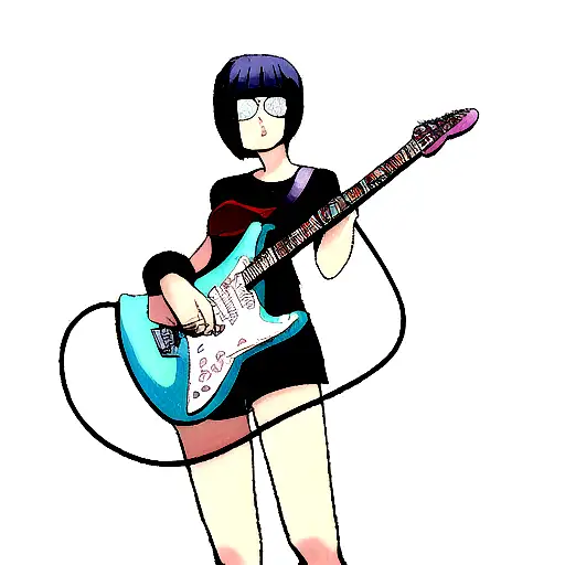 A Girl With Short Hair Wearing Vision Goggles And Holding An Electric Guitar