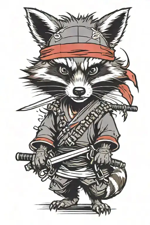 Angry Raccoon Grins In Samurai Style With Samurai Swords
