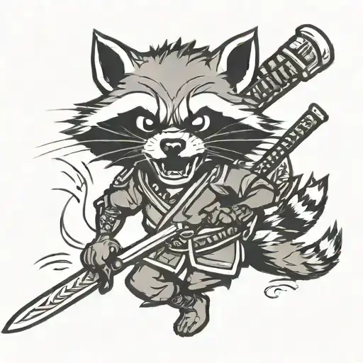 Angry Raccoon Grins In Samurai Style With Samurai Swords