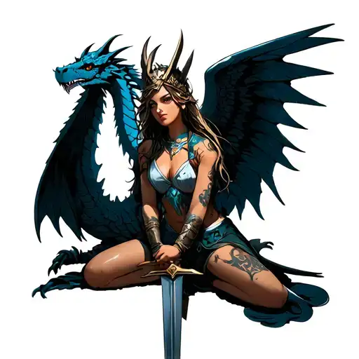 Valkyrie With Wings Holding A Sword On Her Knees And Behind Her Is A Dragon