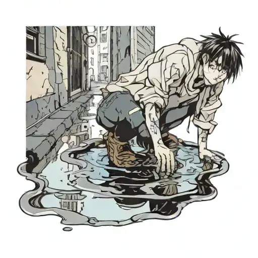 Guy Staring In A Puddle But The Puddle Is Looking Up