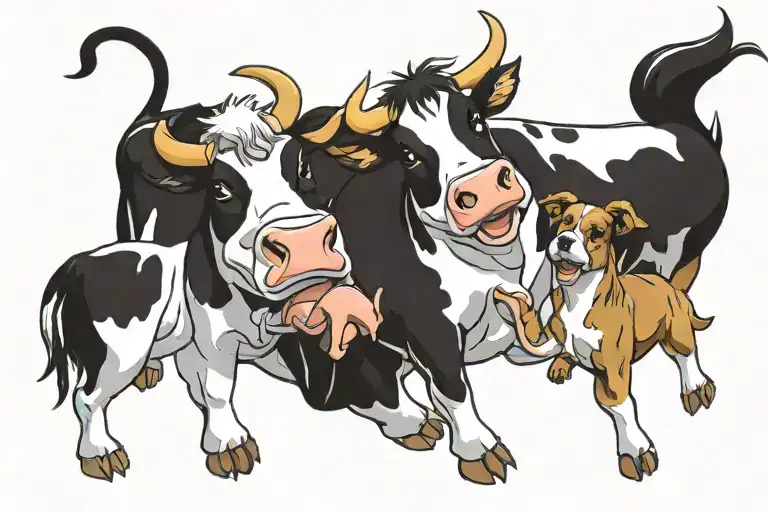 Cow And Dogs Playing