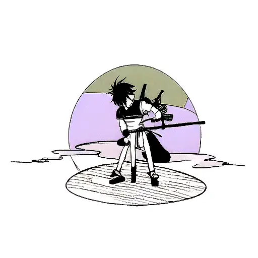 Minimalism Sad Samurai With Katana Sits On The Moon