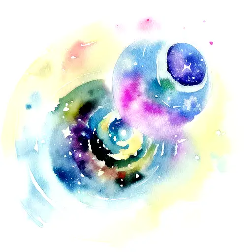 A Watercolor Tattoo Of A Galaxy With Swirling Planets And Constellations