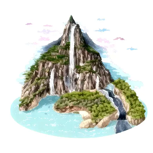 Mountain Range With A Hidden Waterfall Leading To Ocean With Crashing Waves