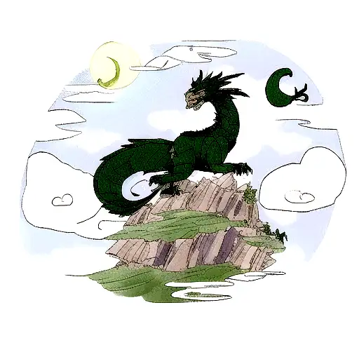 Celtic Dragon On A Mountain With Clouds And Moon In The Background