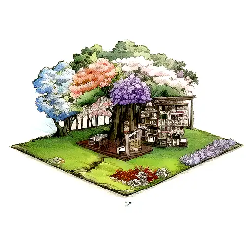 A Traditional Style Tattoo Of A Nature Scene With Books And Flowers Intertwined