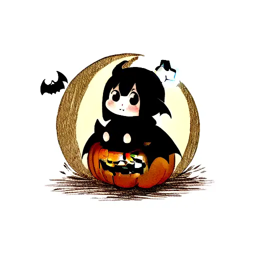 Dreamy Moon Above A Adorable Black Bat That's Sat On A Orange Pumpkin