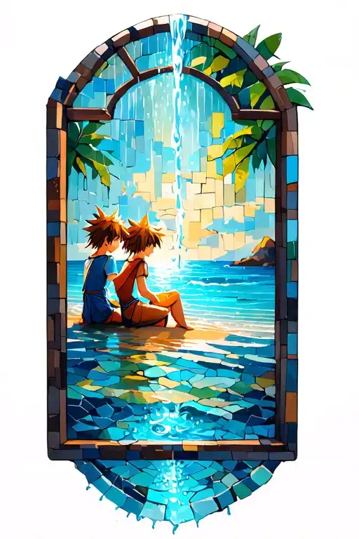 Kingdom Hearts Mosaic Window With Water Running Down Into Sora And Kiari Sitting On The Beach