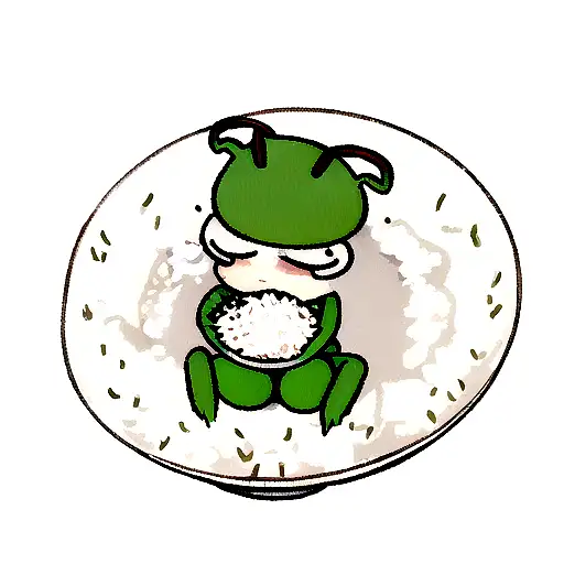 Little Cute Chubby Praying Mantis With A Bowl Of Rice