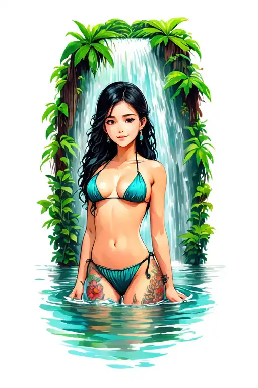 Thai Girl In A Topless Bikini In The Jungle With A Waterfall