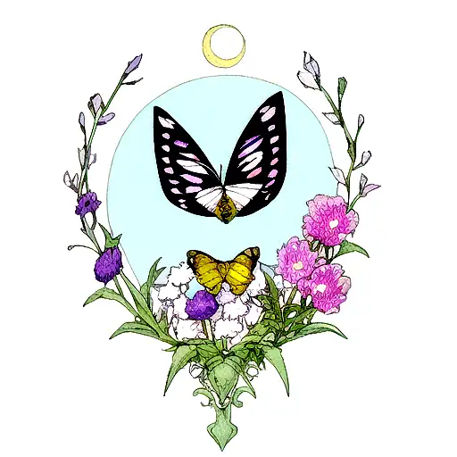 Moth With A Moon And Flowers
