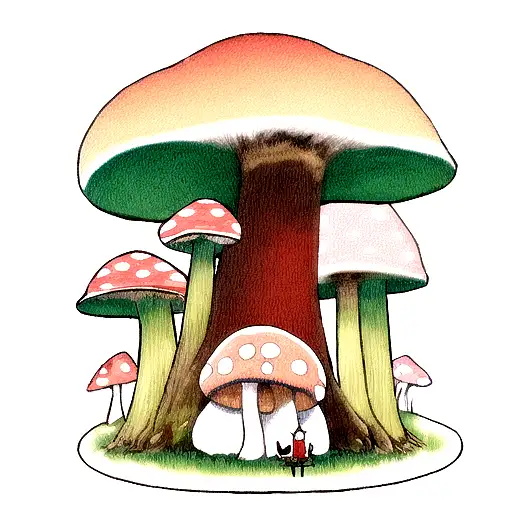 A Cat Sitting On A Giant Mushroom In A Whimsical Forest Setting