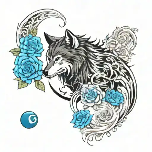Japanese Wolf Surrounded With Roses Blooming Yin And Yang