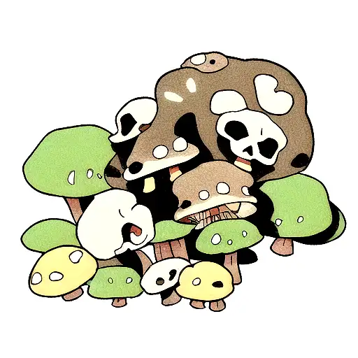 Skull With Mushrooms Coming Out Of It And Frog On Top