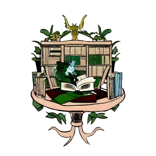 A Tattoo Of A Dragon Reading A Book Surrounded By Plants