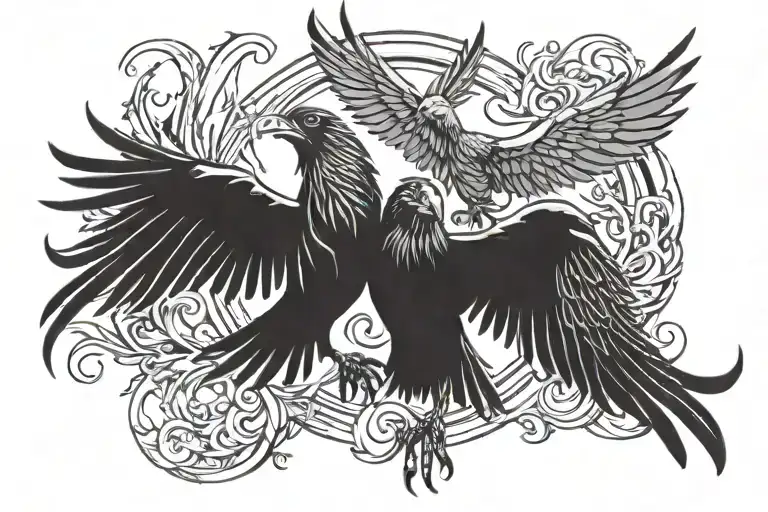 A Phoenix And A Crow Dancing Around An Eagle Soaring