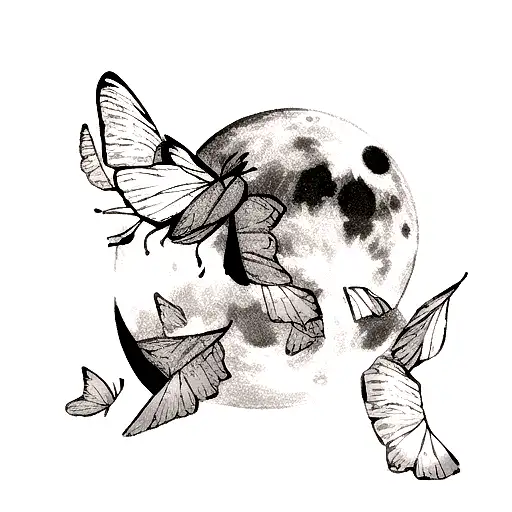 Moon With The Outline Of Two Butterflies Flying In Front