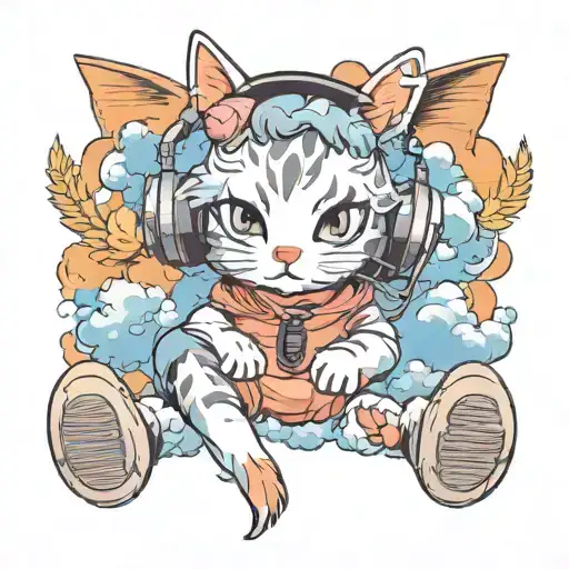 Cat Wearing Headphones Sitting On Clouds