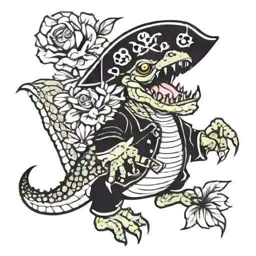 Pirate Crocodile Whit Flowers Animated A Blackwork