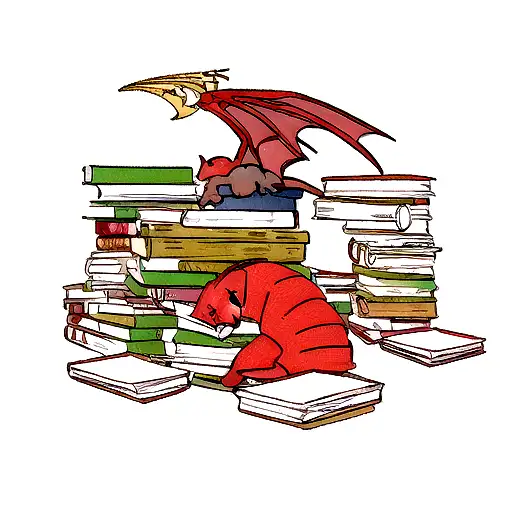 Red Dragon Sleeping In A Pile Of Books And Gold Coins