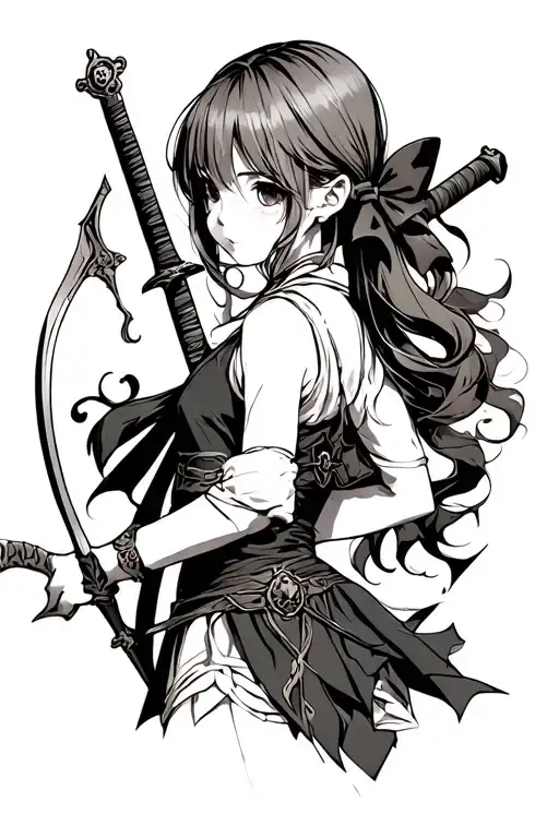 A Girl With A Bow And A Sword Behind Her Back