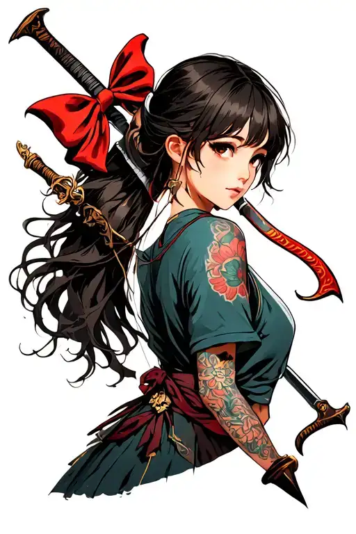 A Girl With A Bow And A Sword Behind Her Back