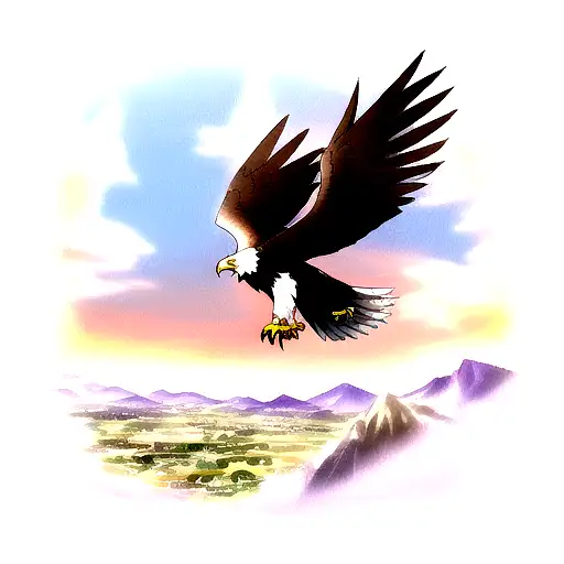 Anime-inspired Eagle Soaring Over A Mountain Range
