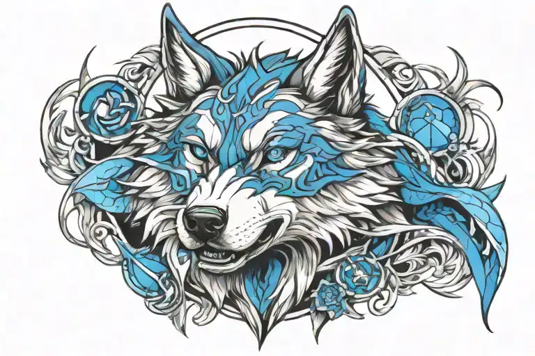 Tattoo Of A Wolf With Blue Eyes On His Armor