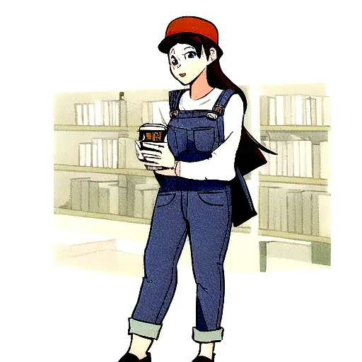 Woman In Overalls With Books And Coffee