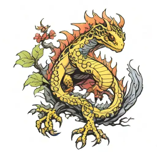 Fire Salamander Dragon Volcano Tree Growing