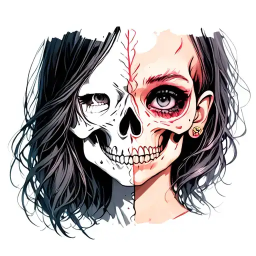 Girl With A Half Face In The Form Of A Skull