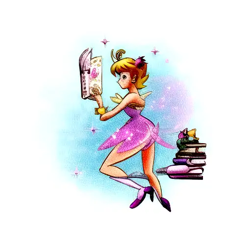 A Whimsical Tinker Bell Reading A Book Surrounded By Pink And Purple Sparkles