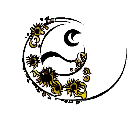 A Minimalist Tattoo Design Of A Crescent Moon Surrounded By Sunflowers