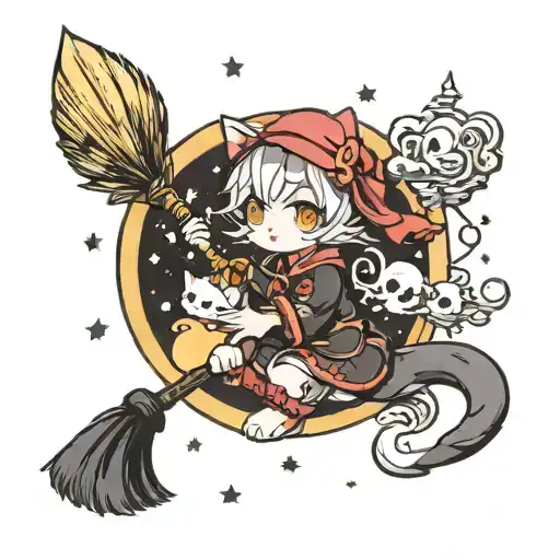 Kitty Crescent Moon And A Broom In Front