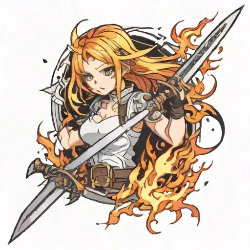 Girl With Sword And Fire Surrounded