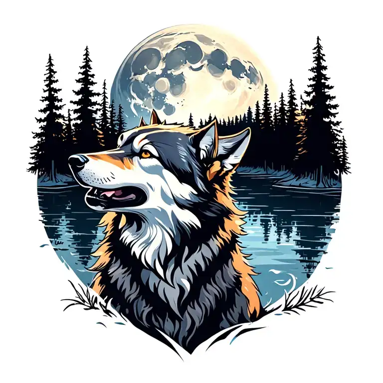 Adult Wolf Howling At The Moon In The Distance With Forest Lake Behind