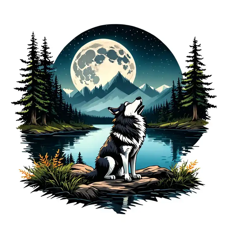 Adult Wolf Howling At The Moon In The Distance With Forest Lake Behind