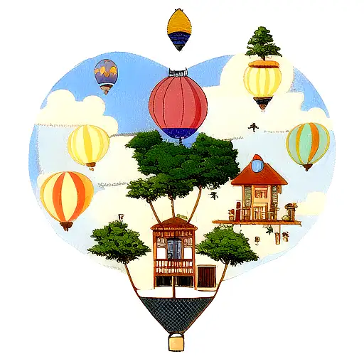 Pine Tree With Hot Air Balloon And A House