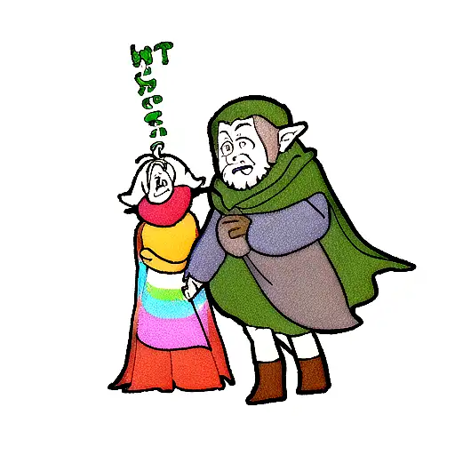 Hobbit With Colorful Cape Running In The Forest While A Bug With Big Black Eyes Hanging On His Cape