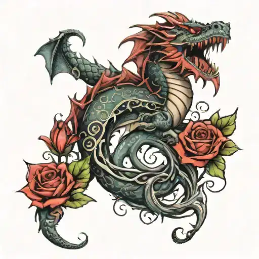 Dragon Wrapping Around A Rose Growing