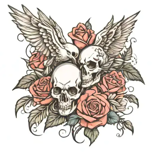 Bird Skulls And Roses Intertwined