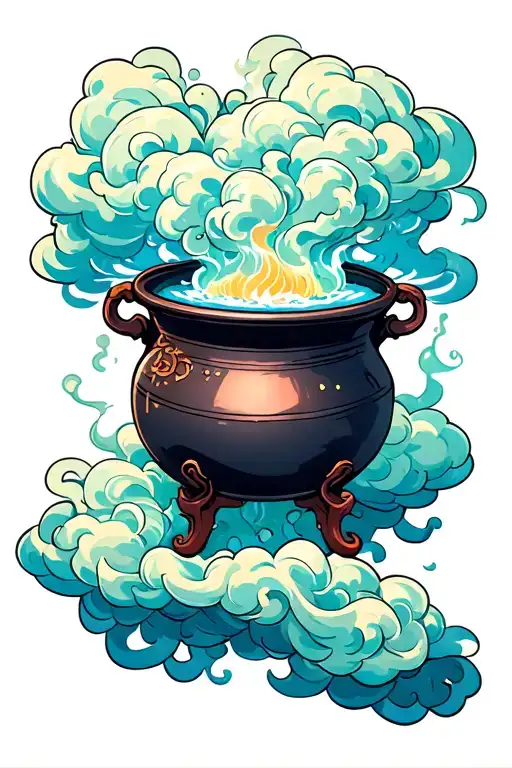 Cauldron With Japanese Cloud Like Steam Emerging From It