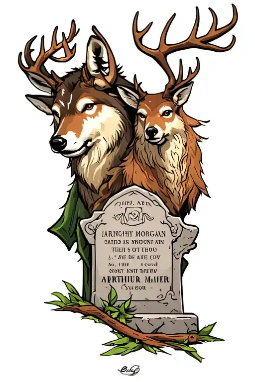 Arthur Morgan Tombstone With A Deer And A Wolvfe