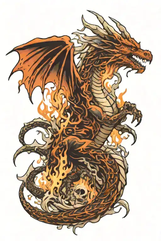 Dragon And Bones In Fire Flames