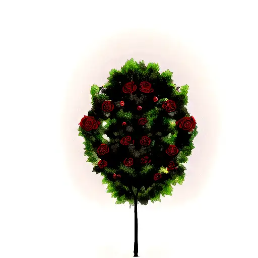 Black Roses Surrounding Tree Of Knowledge With Red Forbidden Fruit