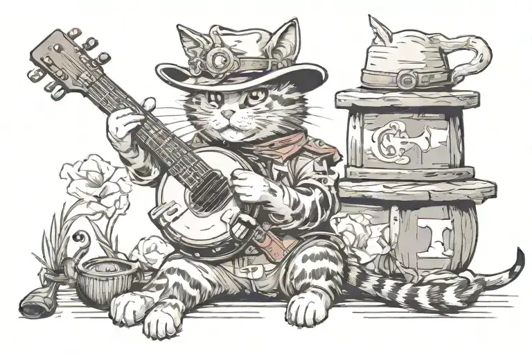 Cat With A Cowboy Hat Relaxing While Playing Banjo