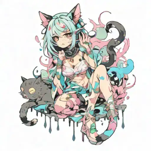 Full Body Nude Cat Girl In Pastel Gore Style