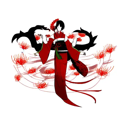 Japanese Dragon With Red Spider Lily Flowers Sleeve